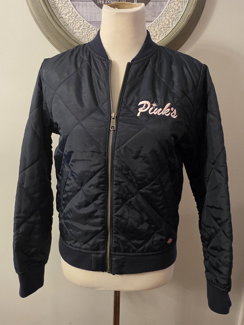 Dickies Women's Navy Bomber Jacket Embroidered Pinks/Grease Size M